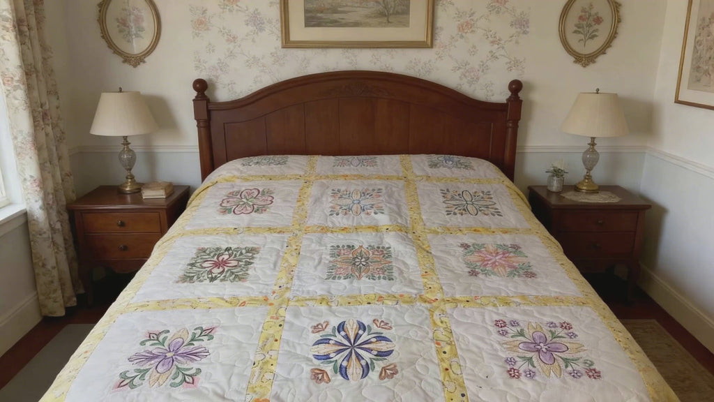 Embroidered Heirloom Quilt in Blooming Rainbow Florals  comforter bedspread throw blanket gift idea