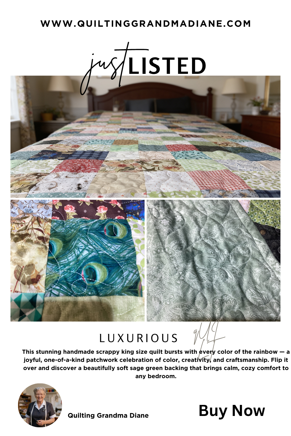 One-of-a-Kind Rainbow Scrappy King Quilt – Handmade Patchwork – Sage Green Reverse – Long Arm Quilted Masterpiece